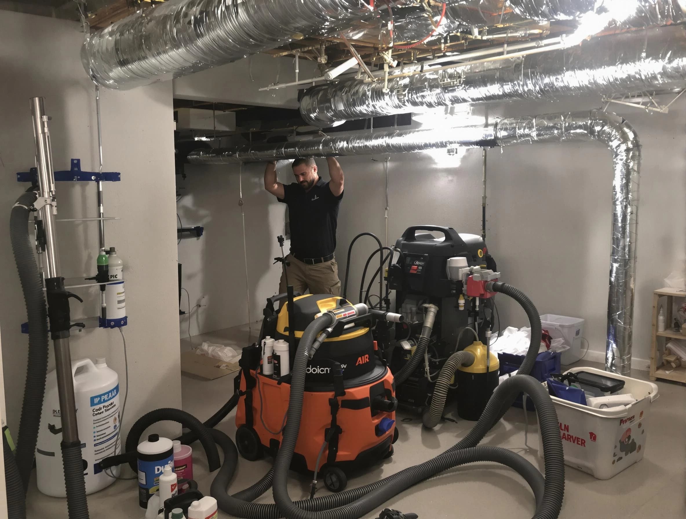 Derby Air Duct Cleaning specialist performing professional mold removal from air ducts using safety equipment in Derby