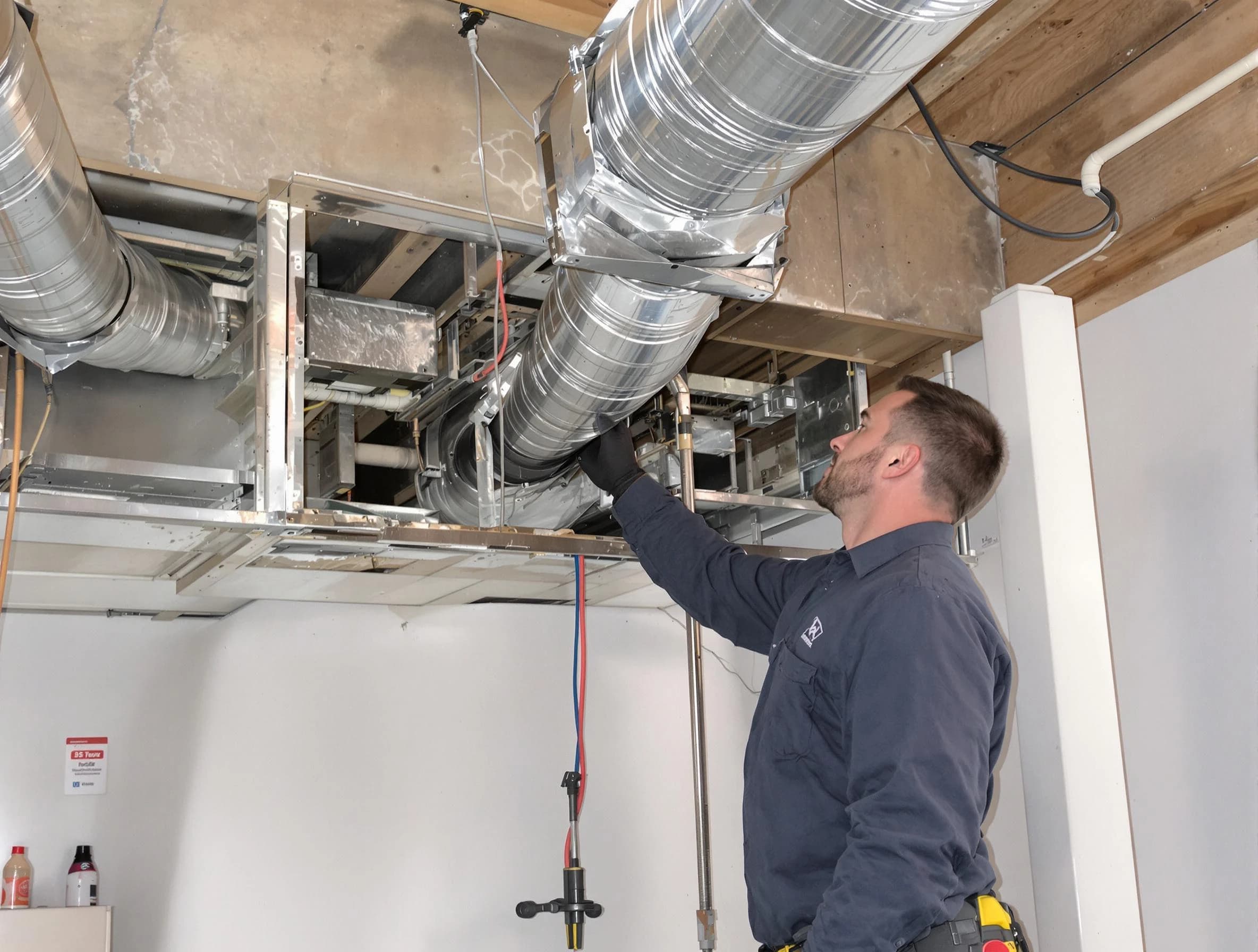Derby Air Duct Cleaning technician performing professional air duct repair using specialized tools in Derby